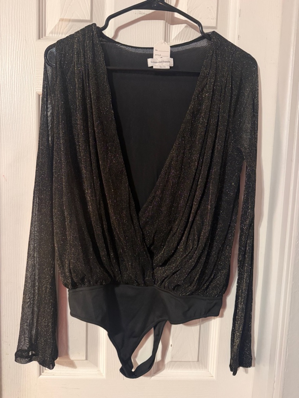 Lovers + Friends Black Glitter Draped Surplice Long-Sleeve Bodysuit